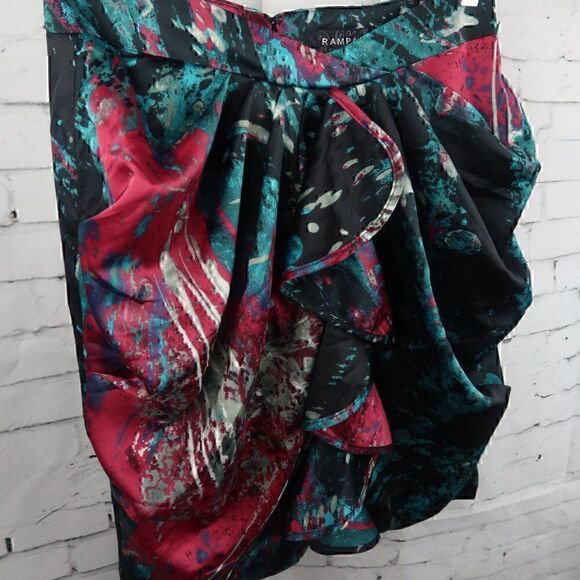 RAMPAGE BLACK PINK & TEAL CASCADING RUFFLE PAINT SPLATTER MINI SKIRT SIZE XS - Picture 5 of 8